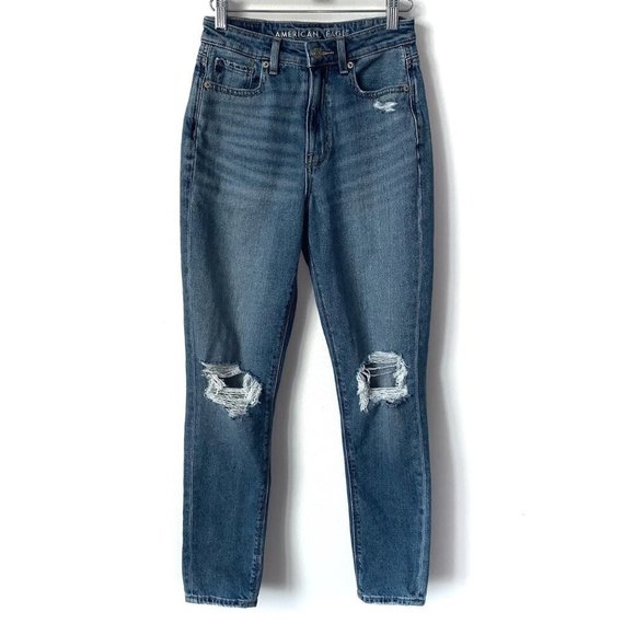American Eagle Denim - American Eagle Mom Jeans‎ Womens 00 Blue Distressed Knees hem pockets casual